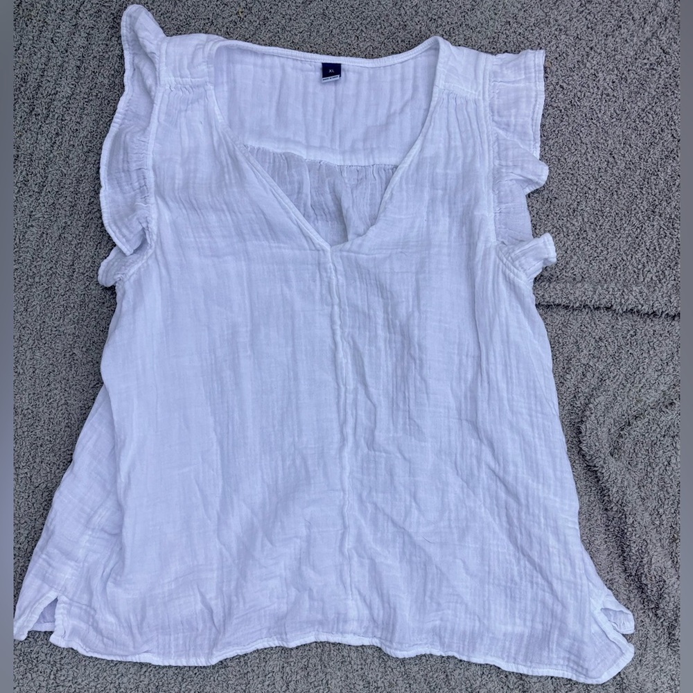 White Crinkle Gauze V-Neck Ruffle Sleeve Women's Top | Size Extra Large - Picture 6 of 6